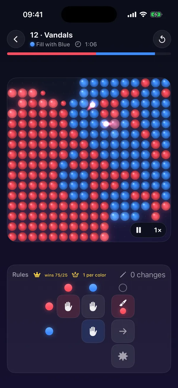 Red and blue balls fighting over a field while a small drifter rolls across it