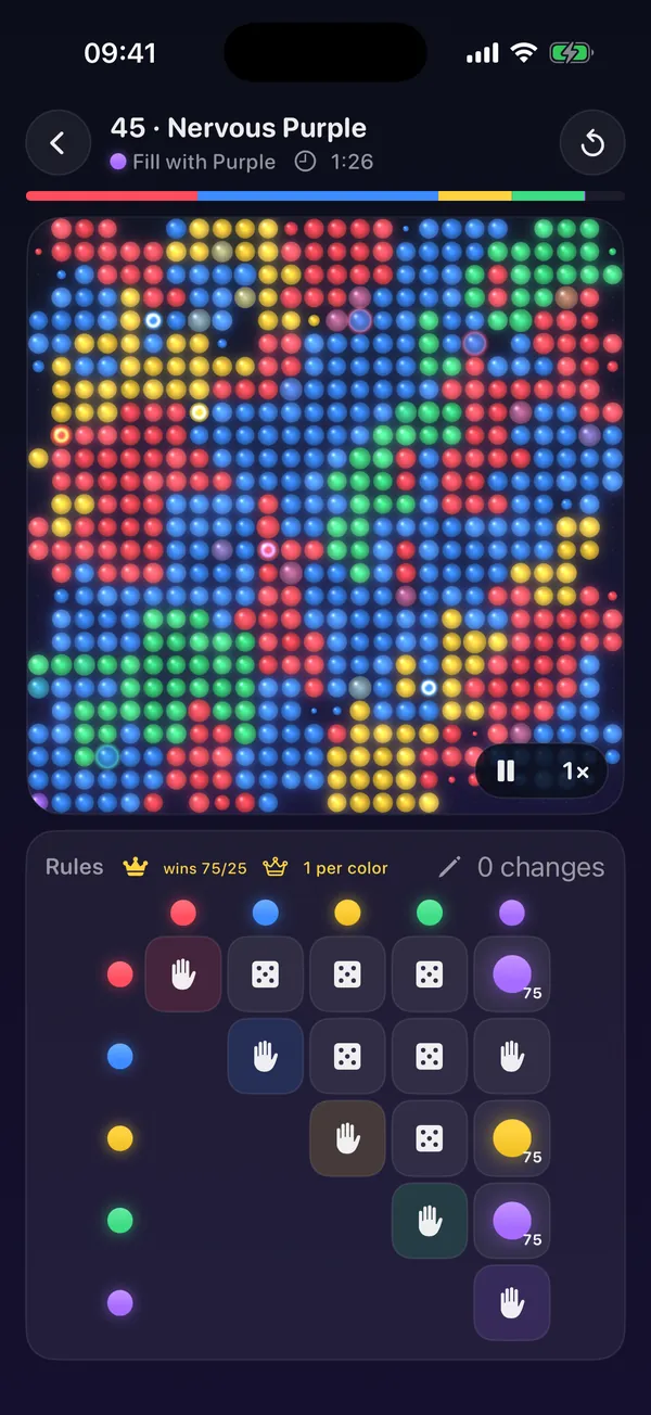 A large field of red, blue, yellow, green and purple balls, with the rule for every pair of colors in a grid below