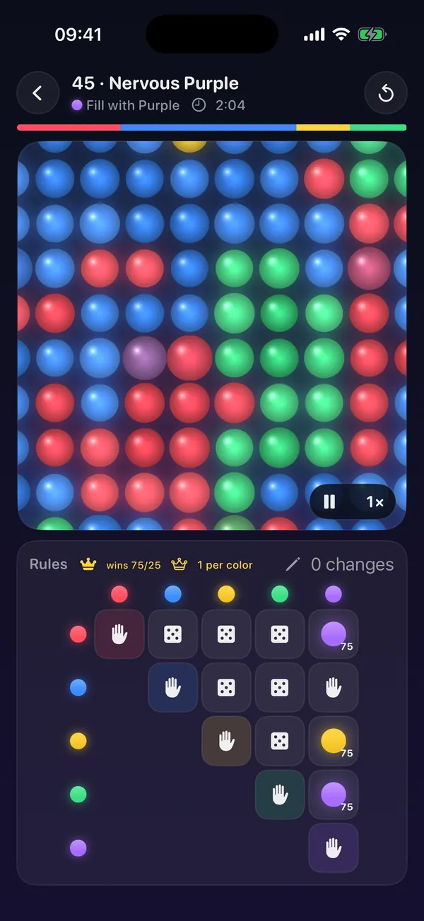 A close-up of glowing balls with the rules grid below, ready to change