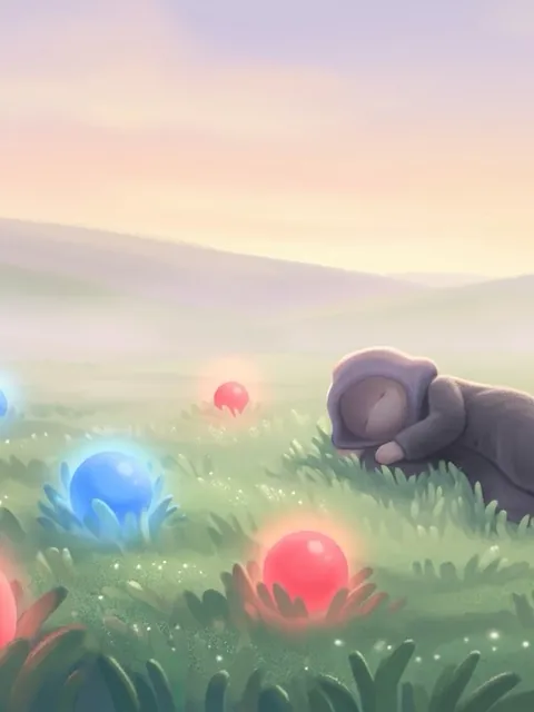 The stranger lies in a misty meadow scattered with glowing red and blue balls