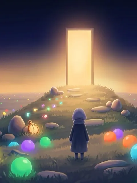 A path of glowing balls leads up to a bright open door