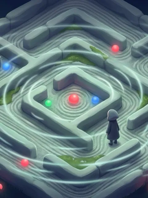 A maze of stone walls with colored balls glowing along its paths